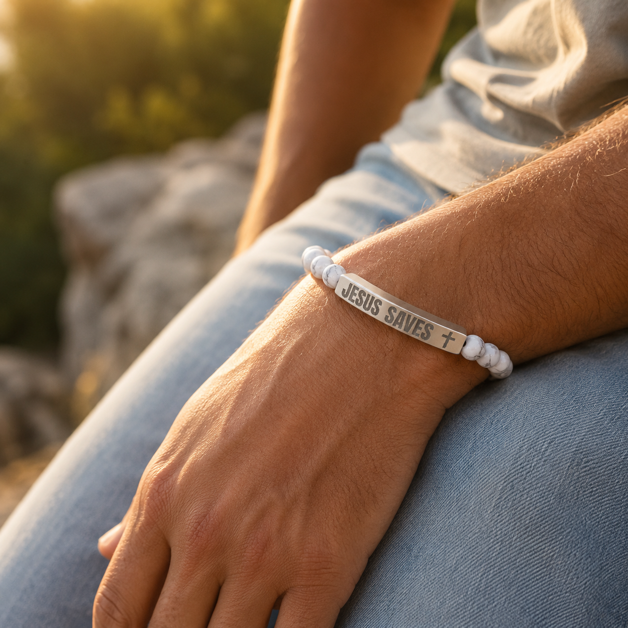 Jesus Saves Stone Bracelet (Howlite)