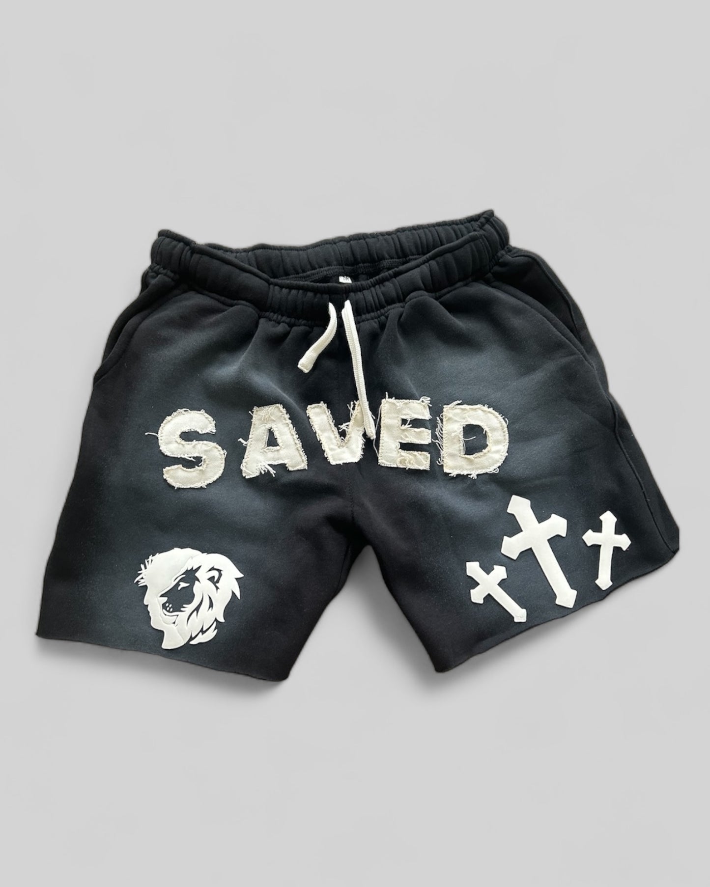Black "SAVED" Acid Washed Shorts