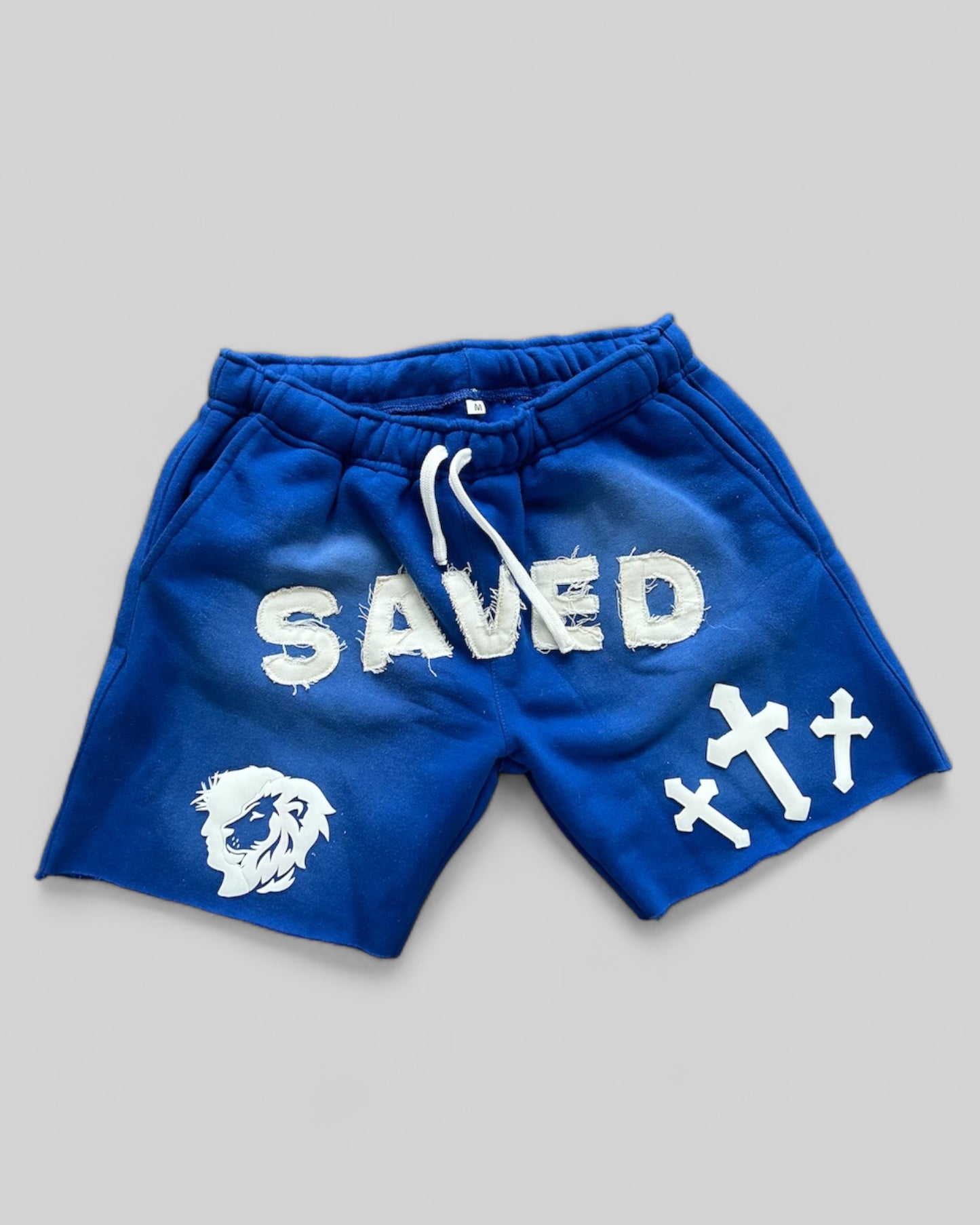 Blue "SAVED" Acid Washed Shorts