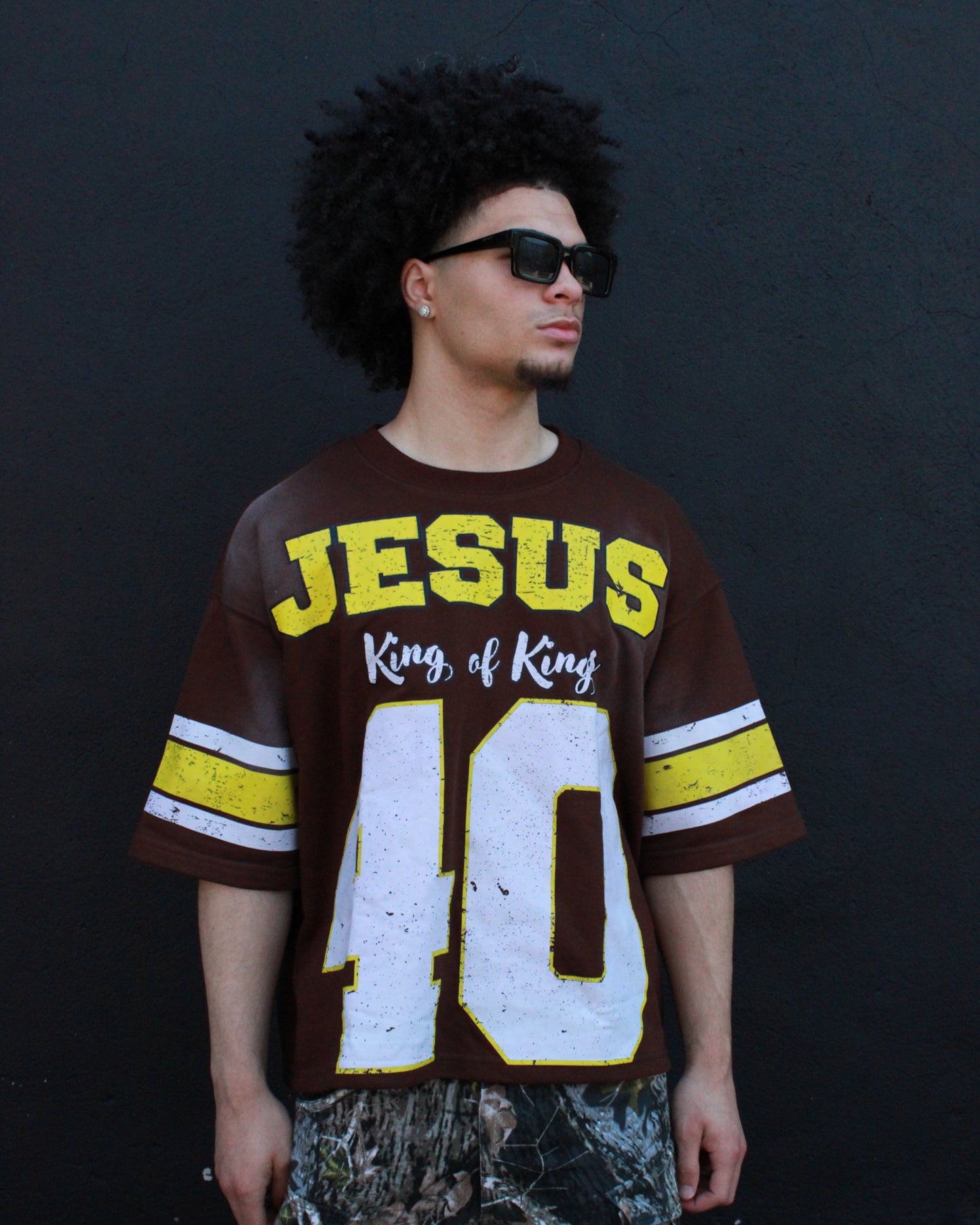 BROWN AND YELLOW "JESUS 40" SHIRT JERSEY