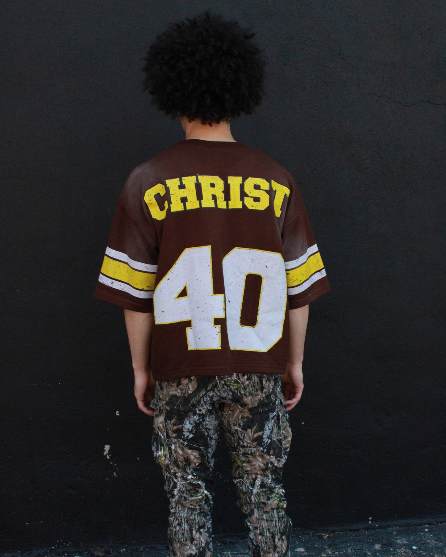BROWN AND YELLOW "JESUS 40" SHIRT JERSEY