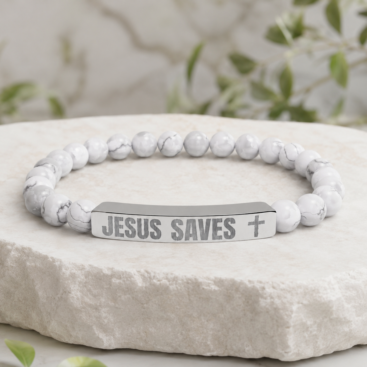 Jesus Saves Stone Bracelet (Howlite)