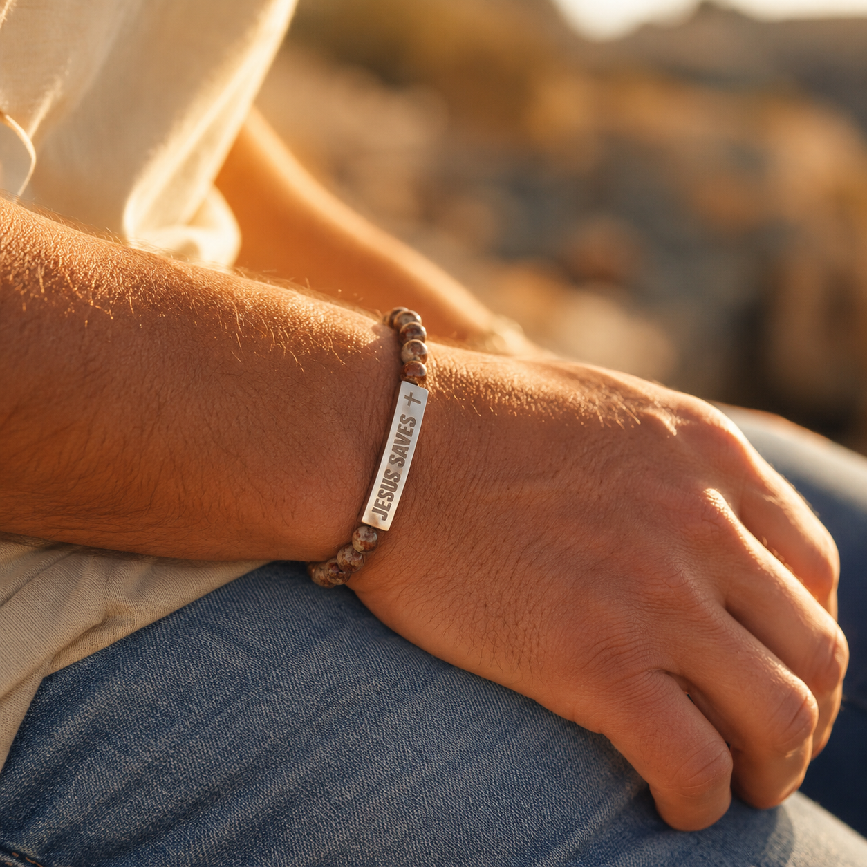 Jesus Saves Stone Bracelet (Picture Jasper)