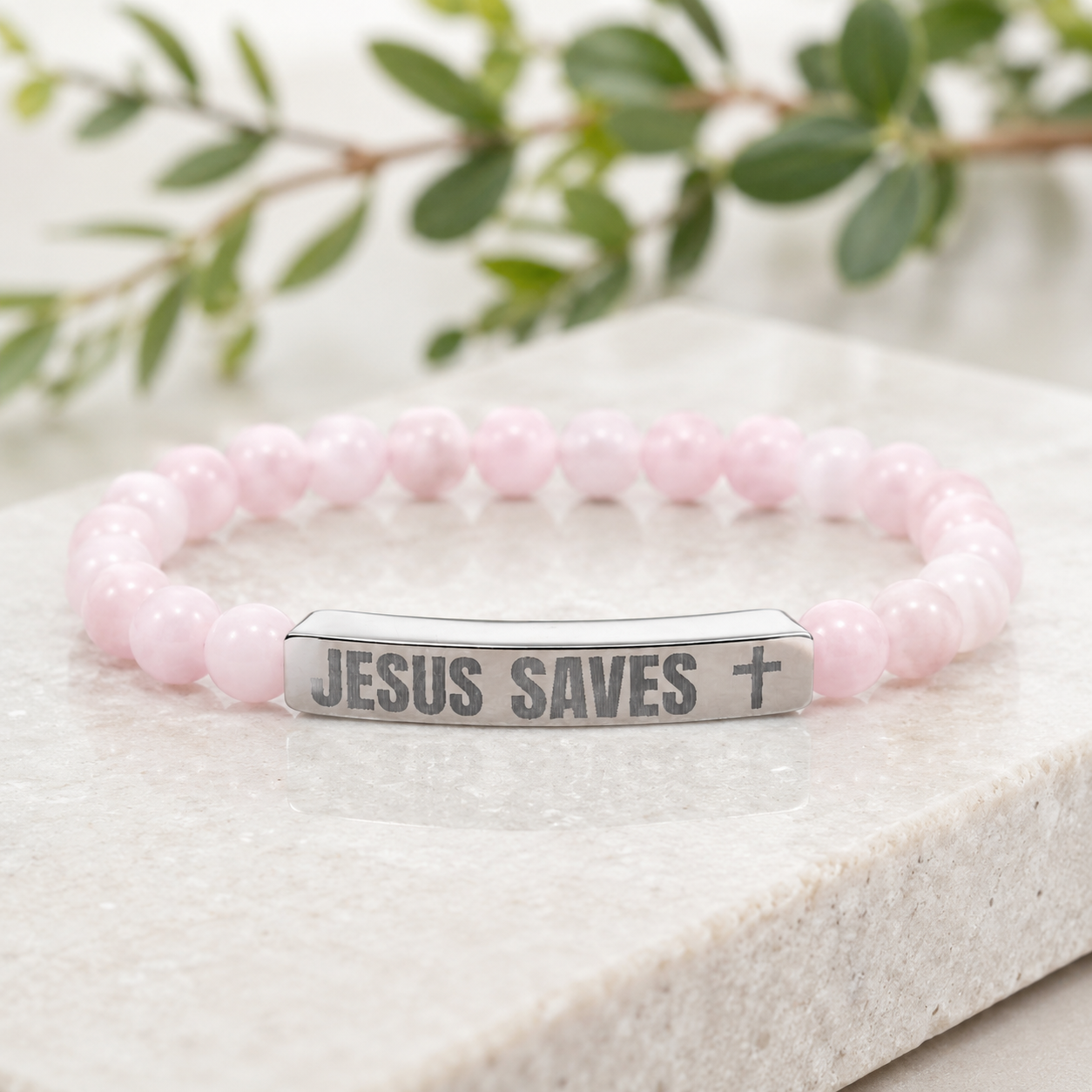 Jesus Saves Stone Bracelet (Rose Quartz)