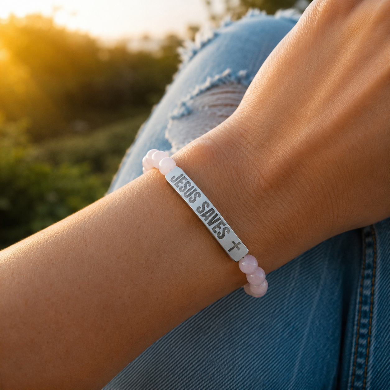 Jesus Saves Stone Bracelet (Rose Quartz)