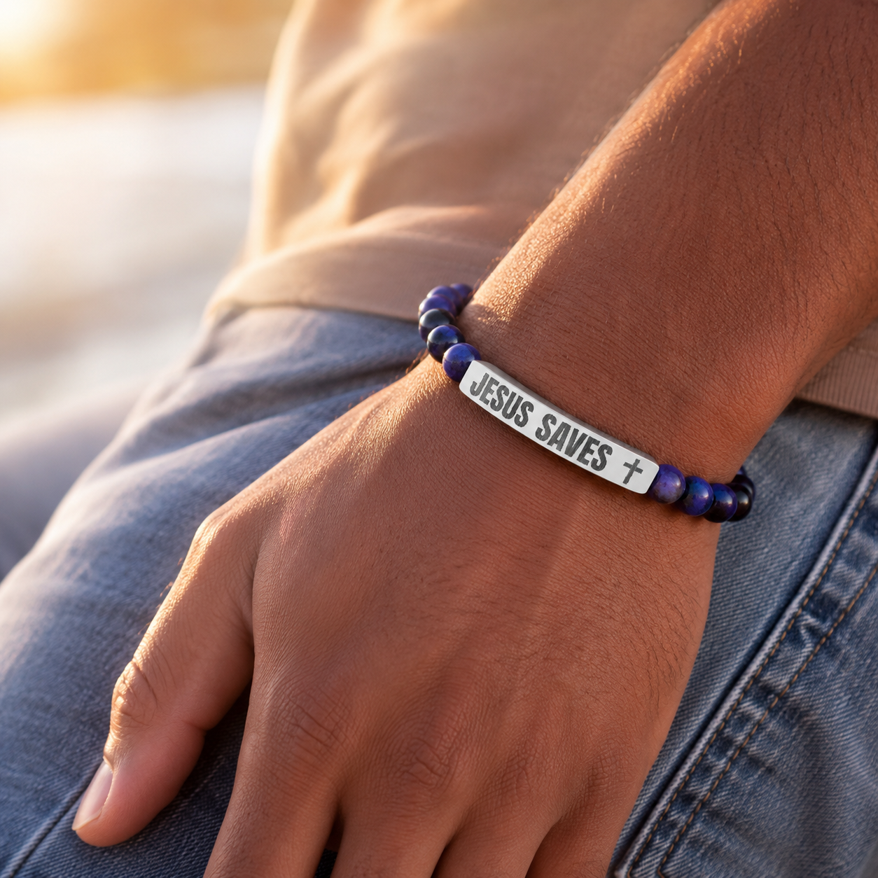 Jesus Saves Stone Bracelet (Sodalite)