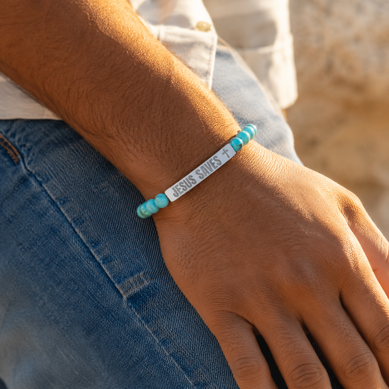 Jesus Saves Stone Bracelet (Turquoise)
