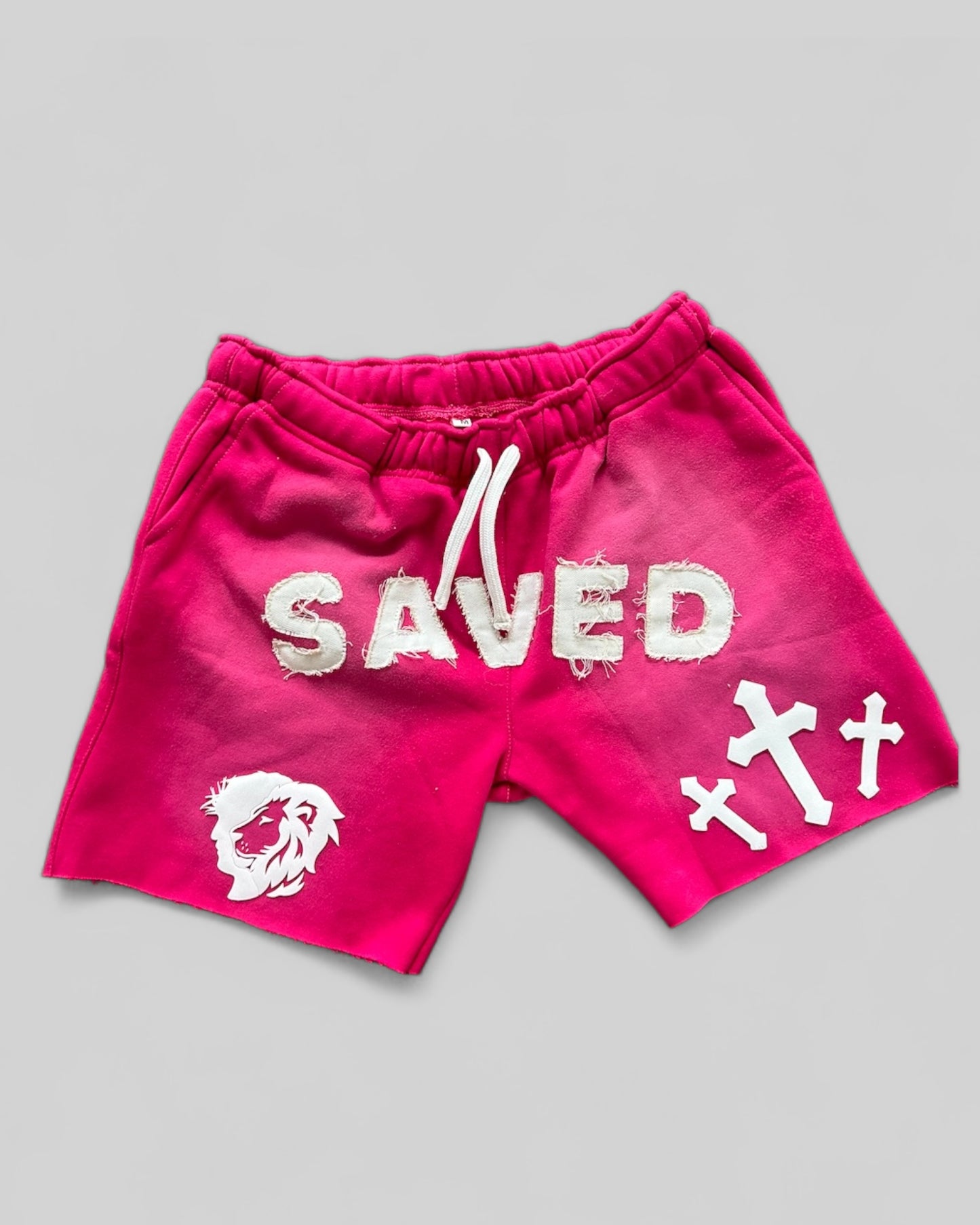 Pink "SAVED" Acid Washed Shorts