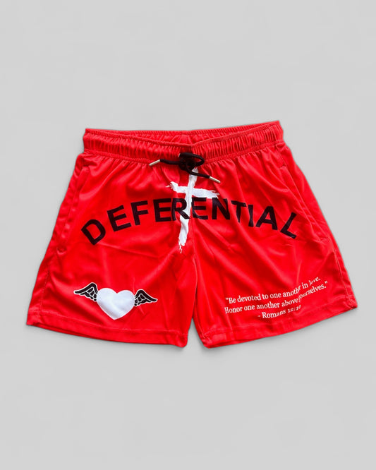 Red "Deferential" Mesh Shorts